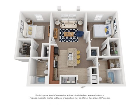 Floor plan for 2 beds, 2 baths, 930 sqft